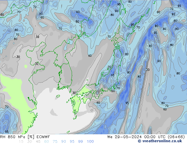 RH 850 гПа ECMWF ср 29.05.2024 00 UTC