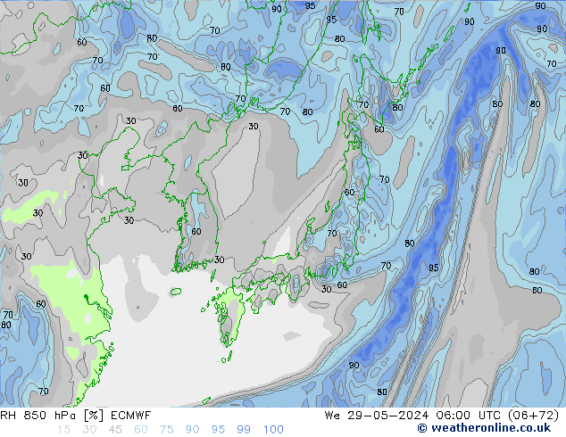 RH 850 hPa ECMWF We 29.05.2024 06 UTC