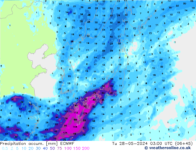 Precipitation accum. ECMWF mar 28.05.2024 03 UTC