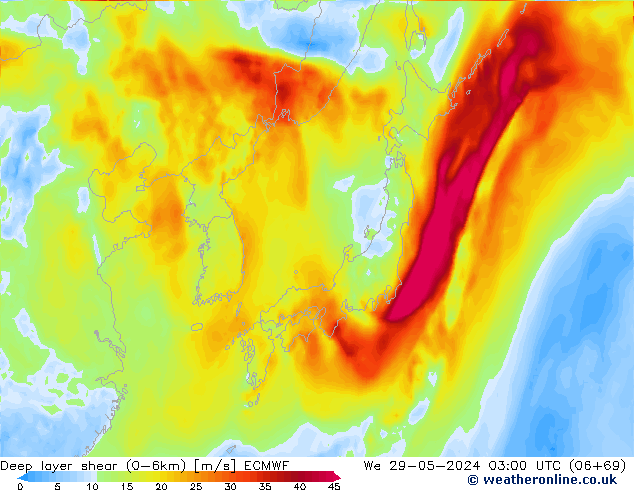 Deep layer shear (0-6km) ECMWF St 29.05.2024 03 UTC