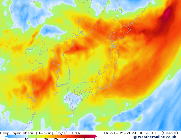 Deep layer shear (0-6km) ECMWF gio 30.05.2024 00 UTC