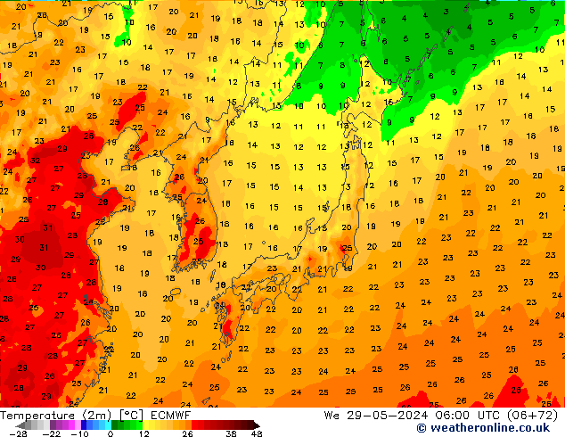 Temperature (2m) ECMWF We 29.05.2024 06 UTC