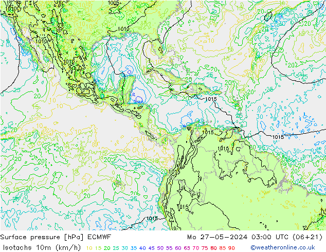 Isotachs (kph) ECMWF Po 27.05.2024 03 UTC