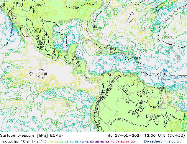 Isotachs (kph) ECMWF lun 27.05.2024 12 UTC