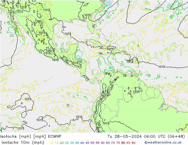 Isotachs (mph) ECMWF Út 28.05.2024 06 UTC