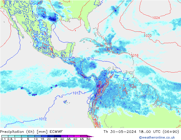 Totale neerslag (6h) ECMWF do 30.05.2024 00 UTC