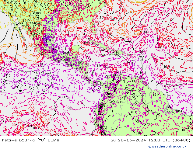 Theta-e 850hPa ECMWF Su 26.05.2024 12 UTC