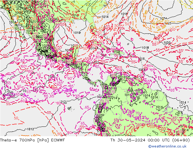 Theta-e 700hPa ECMWF czw. 30.05.2024 00 UTC