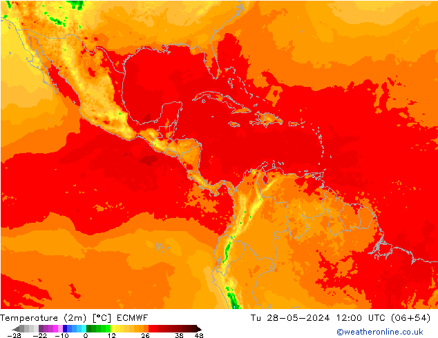 Temperatuurkaart (2m) ECMWF di 28.05.2024 12 UTC