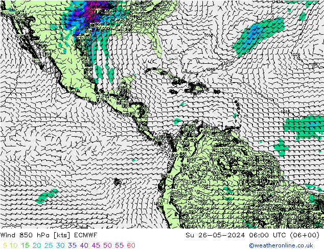 wiatr 850 hPa ECMWF nie. 26.05.2024 06 UTC