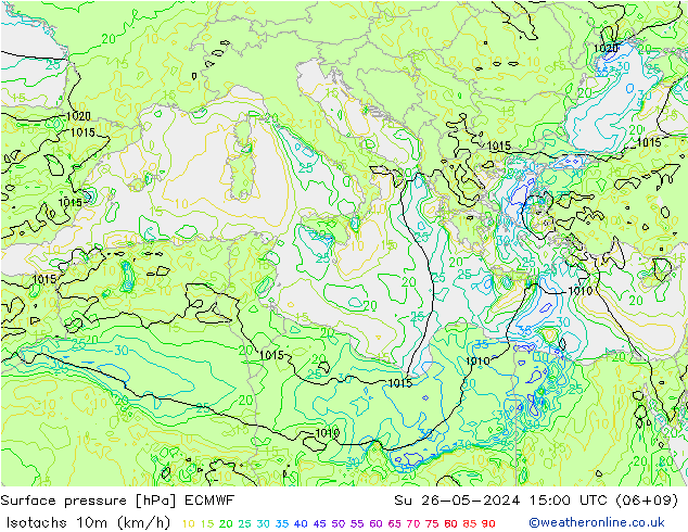 Isotachs (kph) ECMWF Su 26.05.2024 15 UTC