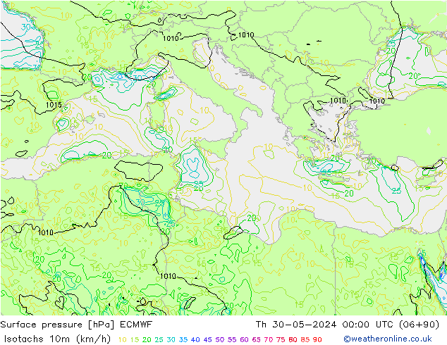 Isotachs (kph) ECMWF Čt 30.05.2024 00 UTC