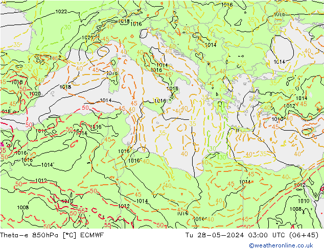 Theta-e 850hPa ECMWF Út 28.05.2024 03 UTC