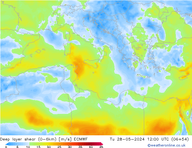 Deep layer shear (0-6km) ECMWF  28.05.2024 12 UTC