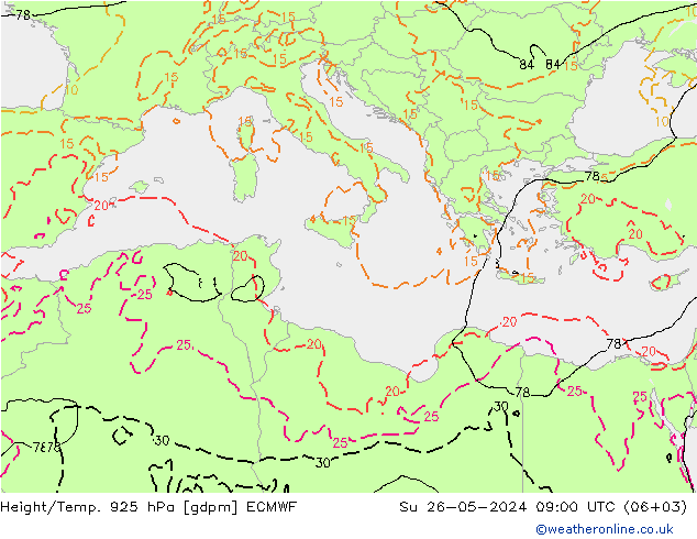 Height/Temp. 925 hPa ECMWF dom 26.05.2024 09 UTC