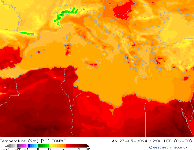 Temperature (2m) ECMWF Po 27.05.2024 12 UTC