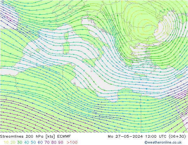 Streamlines 200 hPa ECMWF Mo 27.05.2024 12 UTC