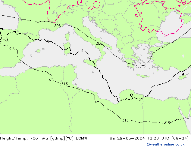 Height/Temp. 700 hPa ECMWF Mi 29.05.2024 18 UTC