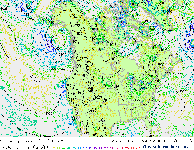 Isotachen (km/h) ECMWF ma 27.05.2024 12 UTC