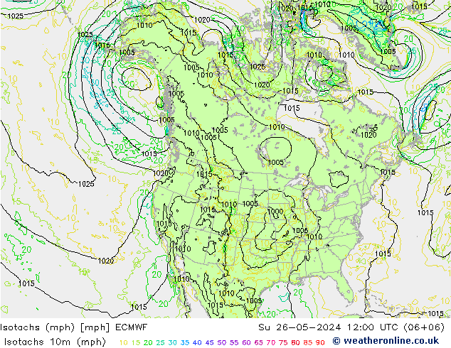 Isotachen (mph) ECMWF So 26.05.2024 12 UTC