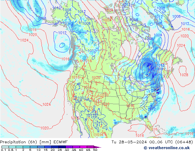 降水量 (6h) ECMWF 星期二 28.05.2024 06 UTC