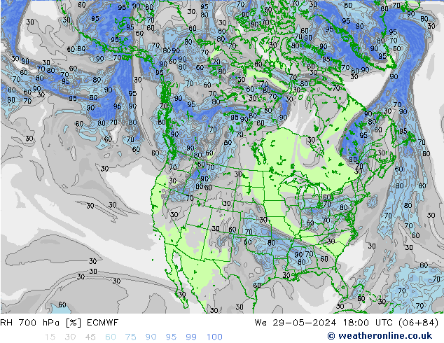 RH 700 hPa ECMWF mer 29.05.2024 18 UTC