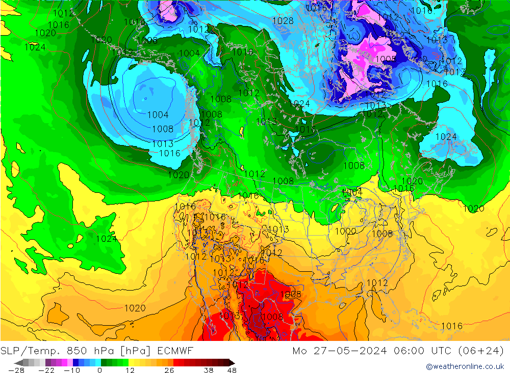 SLP/Temp. 850 hPa ECMWF Mo 27.05.2024 06 UTC