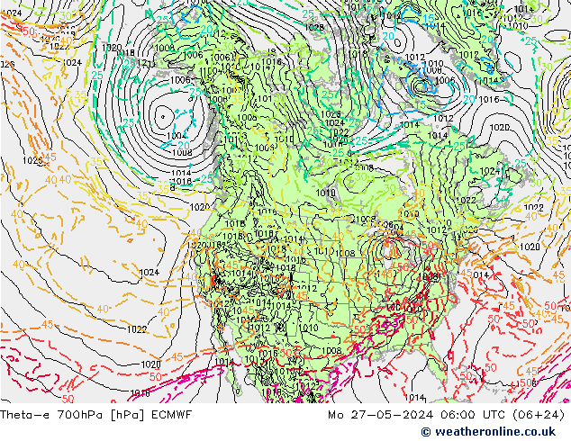 Theta-e 700hPa ECMWF pon. 27.05.2024 06 UTC