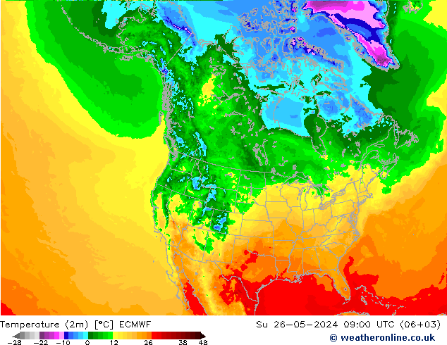 mapa temperatury (2m) ECMWF nie. 26.05.2024 09 UTC