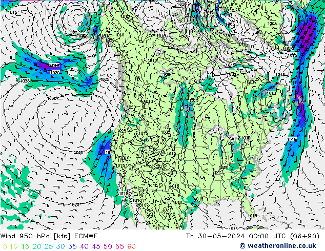 Wind 950 hPa ECMWF Do 30.05.2024 00 UTC