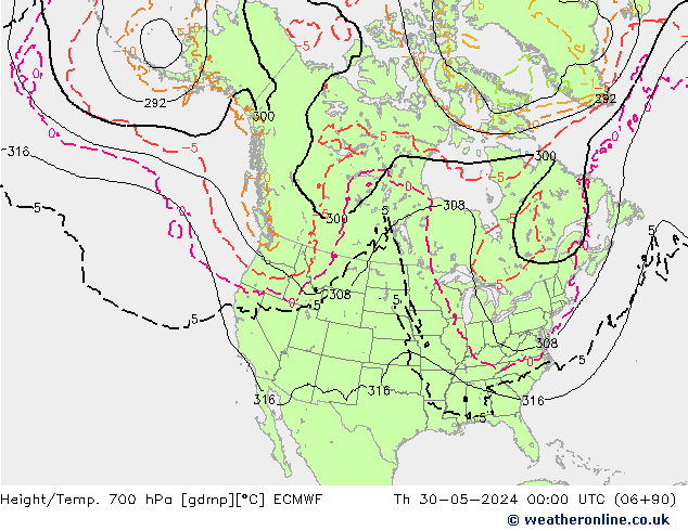 Height/Temp. 700 hPa ECMWF czw. 30.05.2024 00 UTC