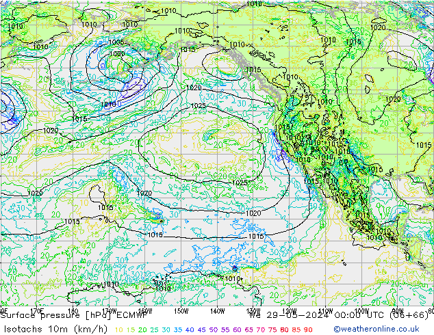 Isotachs (kph) ECMWF mer 29.05.2024 00 UTC