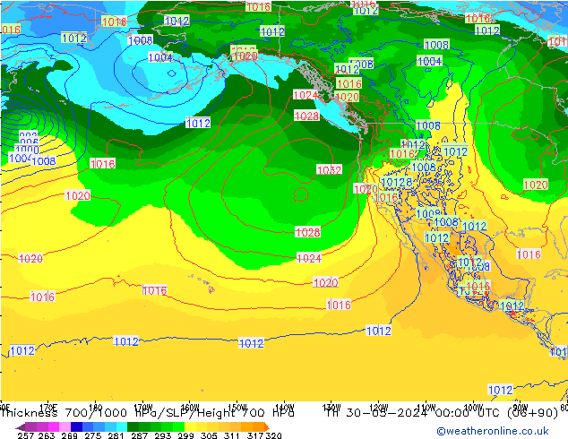 Espesor 700-1000 hPa ECMWF jue 30.05.2024 00 UTC