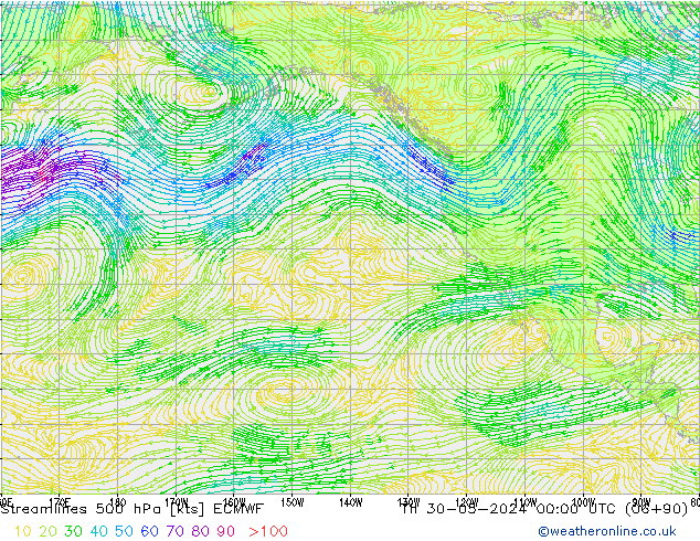 Streamlines 500 hPa ECMWF Čt 30.05.2024 00 UTC