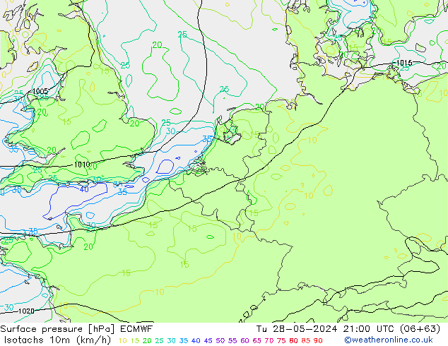 Isotachs (kph) ECMWF mar 28.05.2024 21 UTC