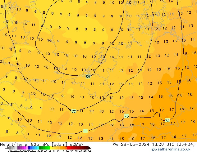 Géop./Temp. 925 hPa ECMWF mer 29.05.2024 18 UTC