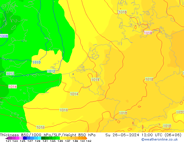 Thck 850-1000 hPa ECMWF Su 26.05.2024 12 UTC