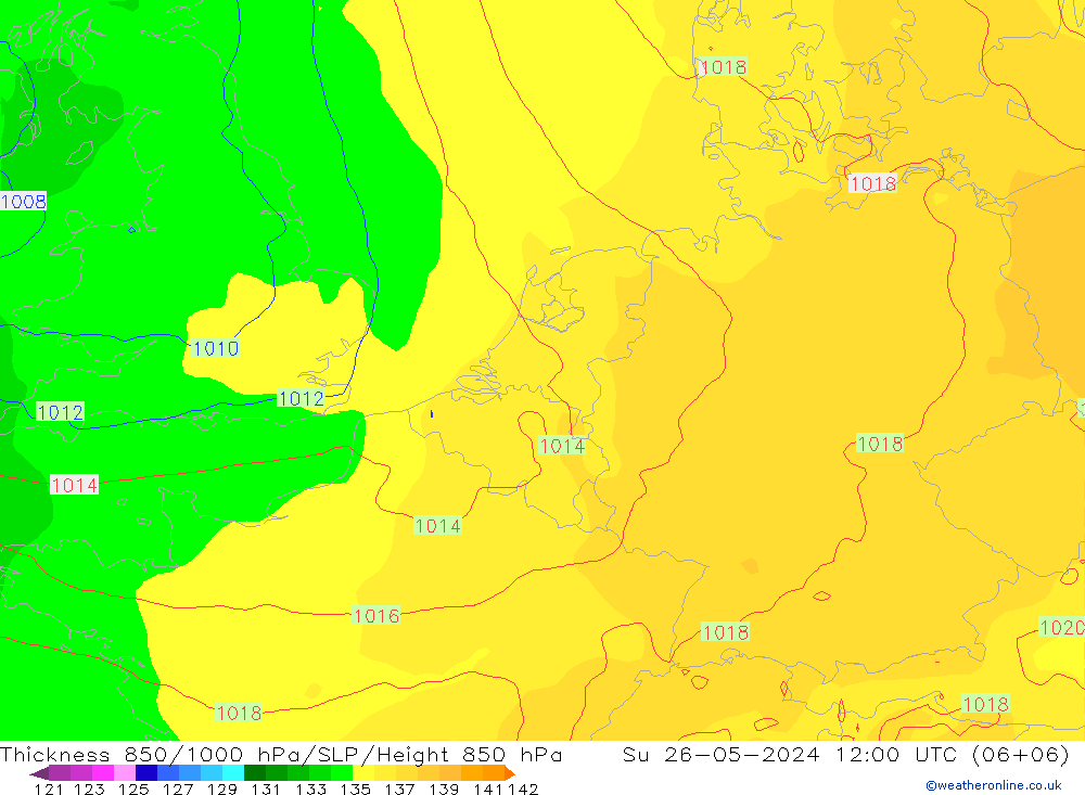 Dikte 850-1000 hPa ECMWF zo 26.05.2024 12 UTC