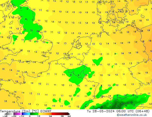 Temperature (2m) ECMWF Út 28.05.2024 06 UTC