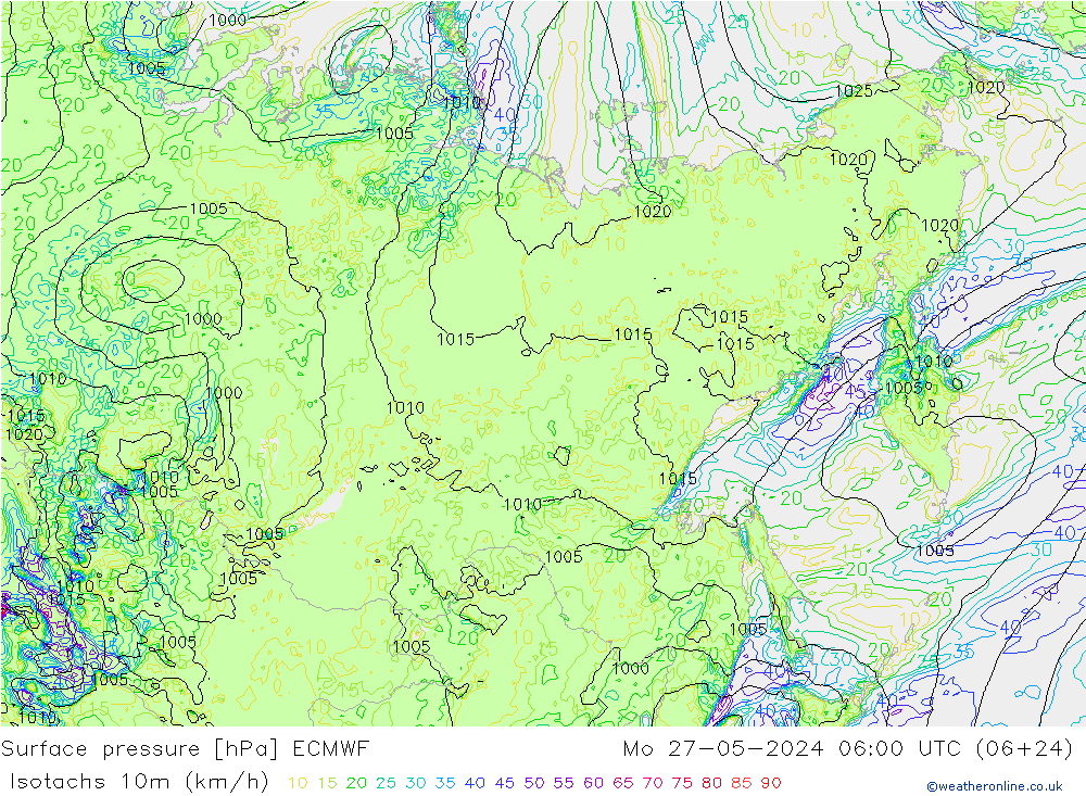 Eşrüzgar Hızları (km/sa) ECMWF Pzt 27.05.2024 06 UTC