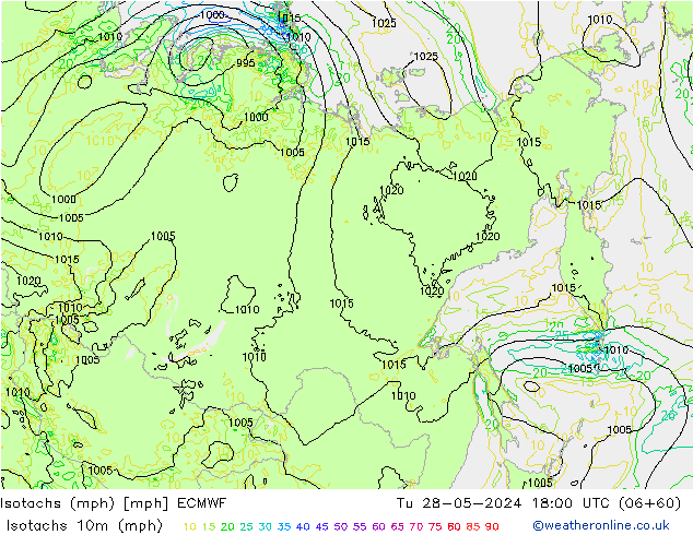 Izotacha (mph) ECMWF wto. 28.05.2024 18 UTC