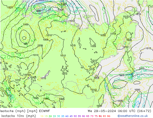 Isotachen (mph) ECMWF Mi 29.05.2024 06 UTC