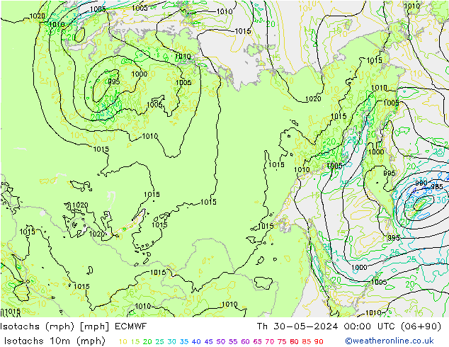 Isotachen (mph) ECMWF do 30.05.2024 00 UTC