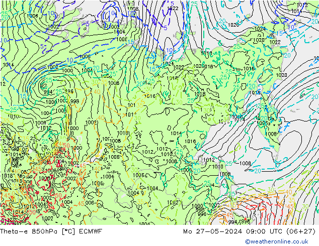 Theta-e 850hPa ECMWF Mo 27.05.2024 09 UTC