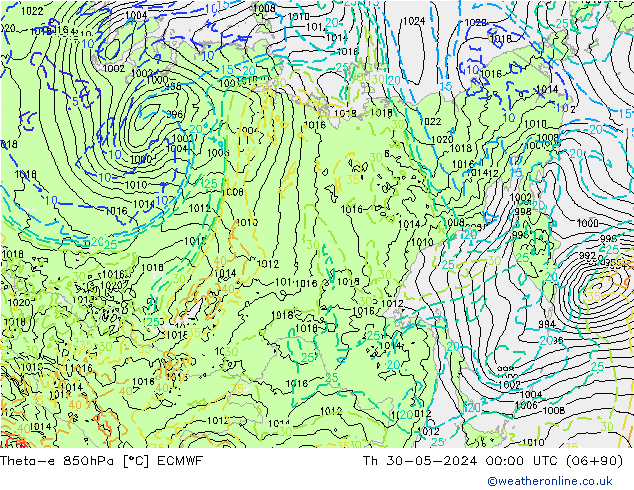 Theta-e 850hPa ECMWF do 30.05.2024 00 UTC