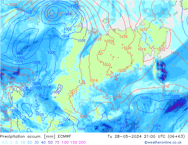 Précipitation accum. ECMWF mar 28.05.2024 21 UTC