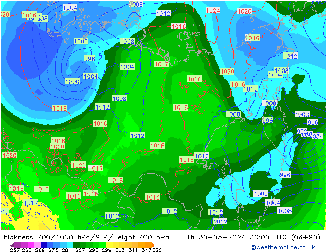 Dikte700-1000 hPa ECMWF do 30.05.2024 00 UTC