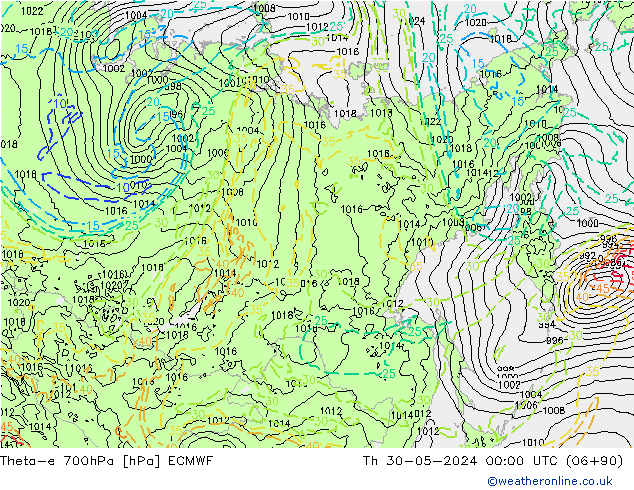 Theta-e 700hPa ECMWF do 30.05.2024 00 UTC