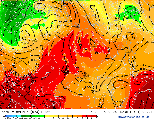 Theta-W 850hPa ECMWF mer 29.05.2024 06 UTC