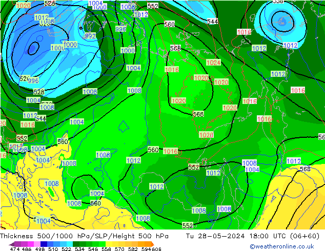 Thck 500-1000hPa ECMWF Tu 28.05.2024 18 UTC